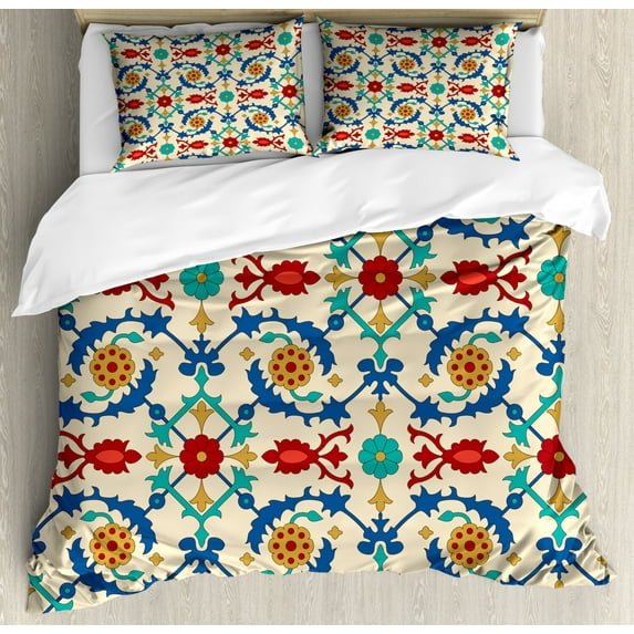 Moroccan Queen Size Duvet Cover Set, Nostalgic Eastern Art Motifs with Floral Ornaments with Baroque Inspiration Ethnic, Decorative 3 Piece Bedding Set with 2 Pillow Shams, Multicolor, by Ambesonne