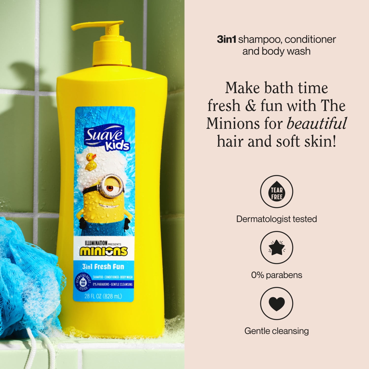 Suave Kids 3-in-1 Shampoo Conditioner & Body Wash, Minions, 28 fl oz with Pump