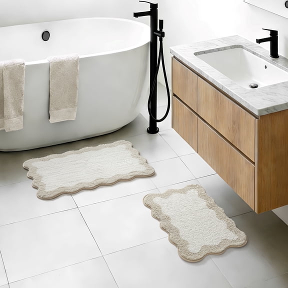 Mainstays 2 Piece Scallop Bath Rug Set, Tan, 17" x 24" & 20" x 30"