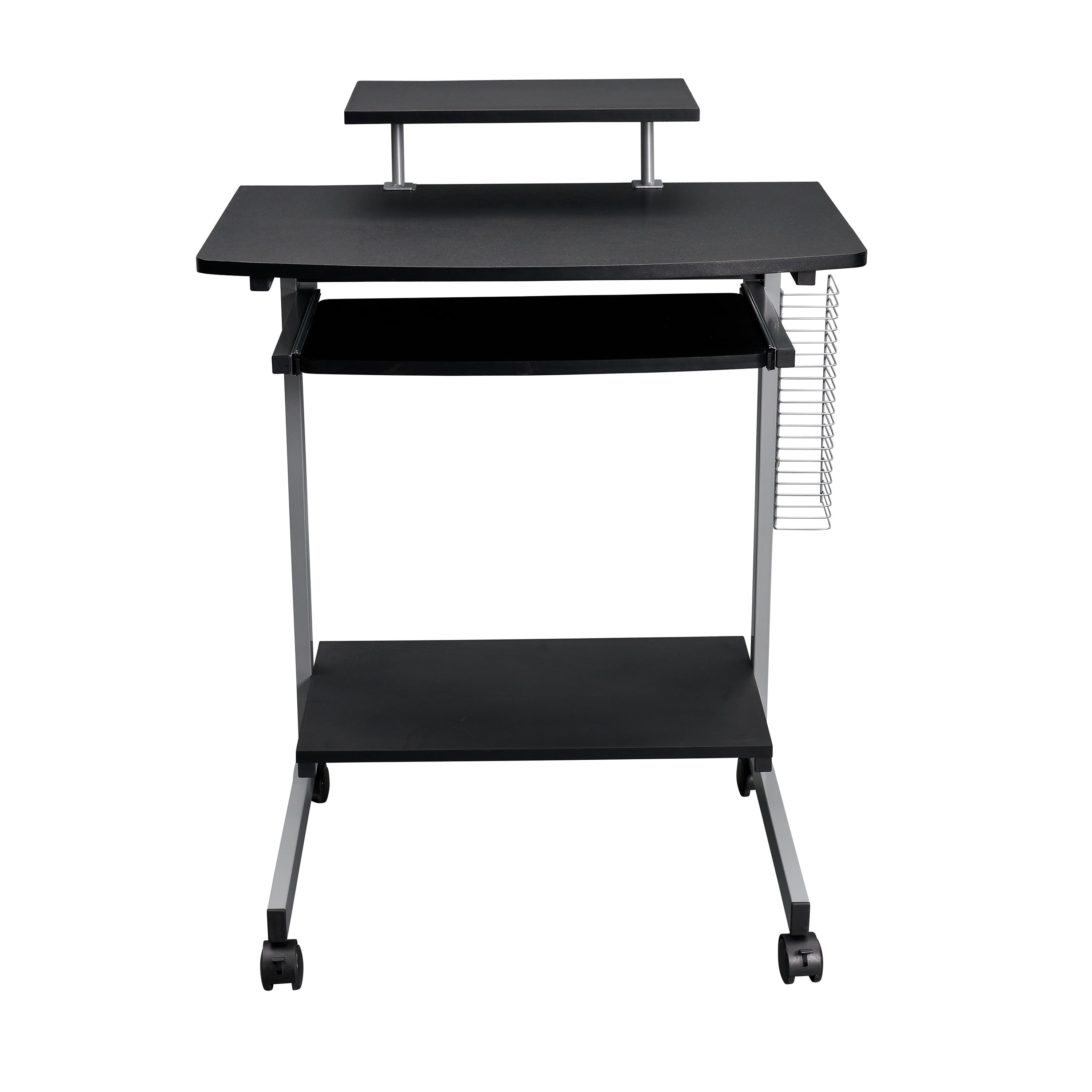 Compact Computer Cart with Multi Storage Shelves, Adjustable Side Shelf Slide-Out Keyboard Tray Lockable Casters Moisture Resistant Particle Board PC Workstation Cart