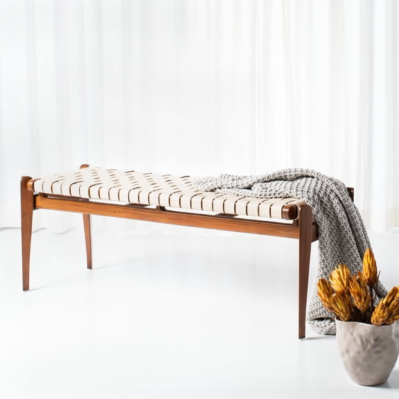 SAFAVIEH Couture Dilan Solid Leather Contemporary Bench, White/Light Brown