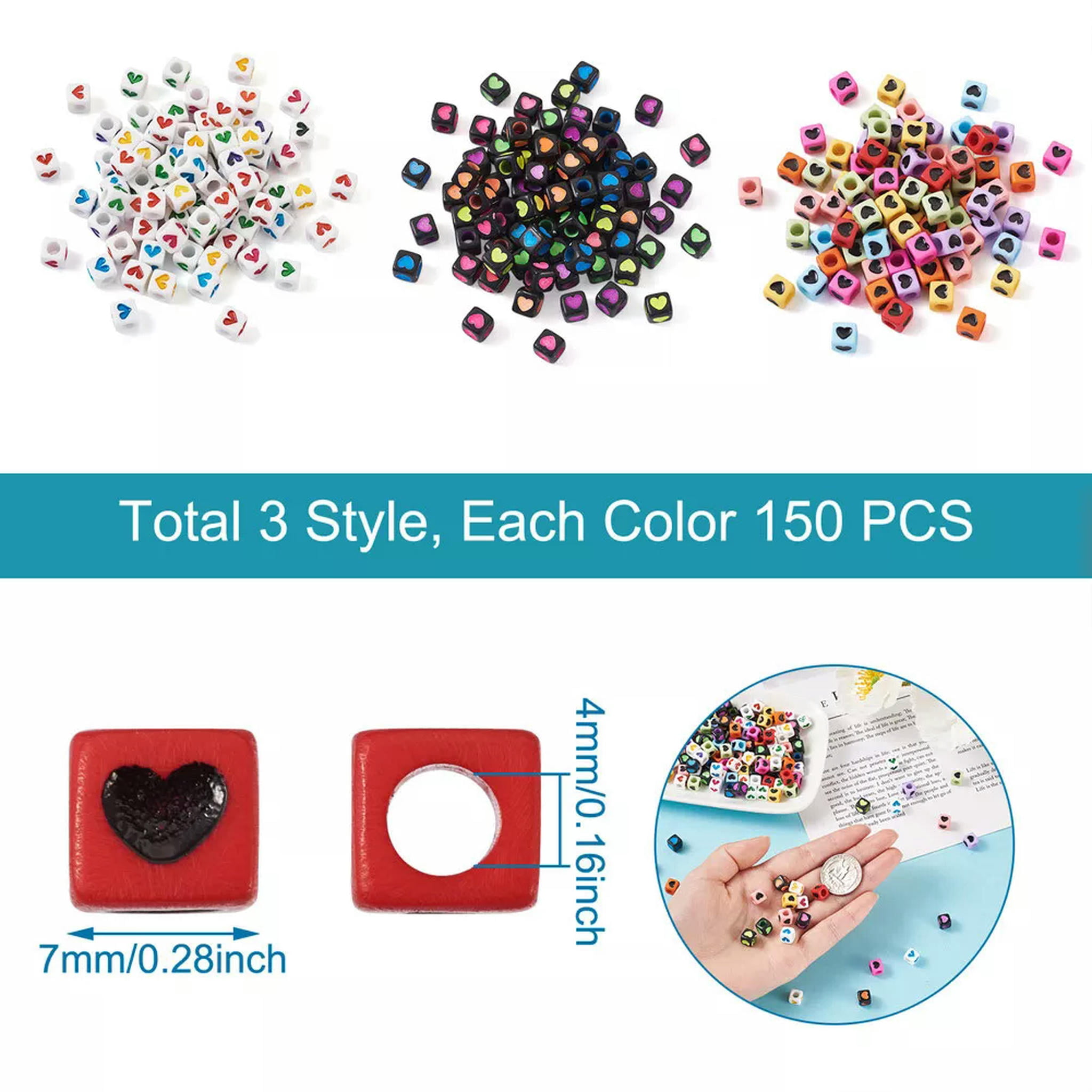 EOEMY 450Pc 7mm Cube With Heart Opaque Acrylic Large Hole Beads Pony Loose Spacer Bead