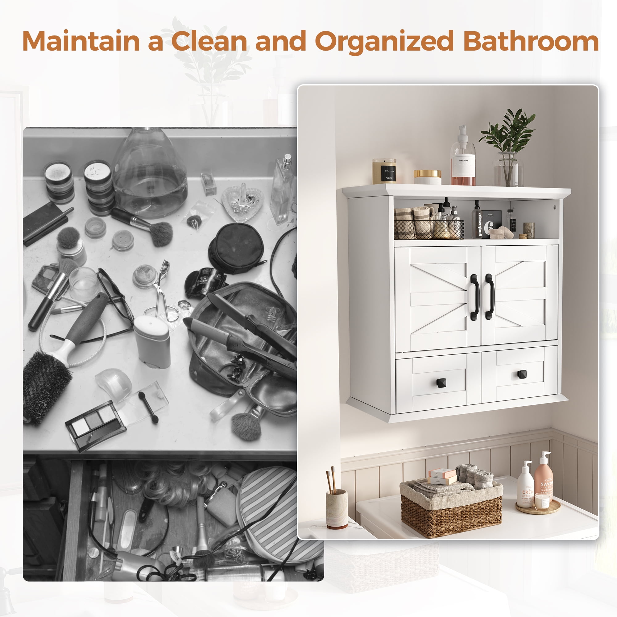 NEGYLIM Wall Mounted Bathroom Cabinet with Barn Door, 2 Drawers and Adjustable Shelves, over Toilet Storage Cabinet for Bathroom Laundry Room, White