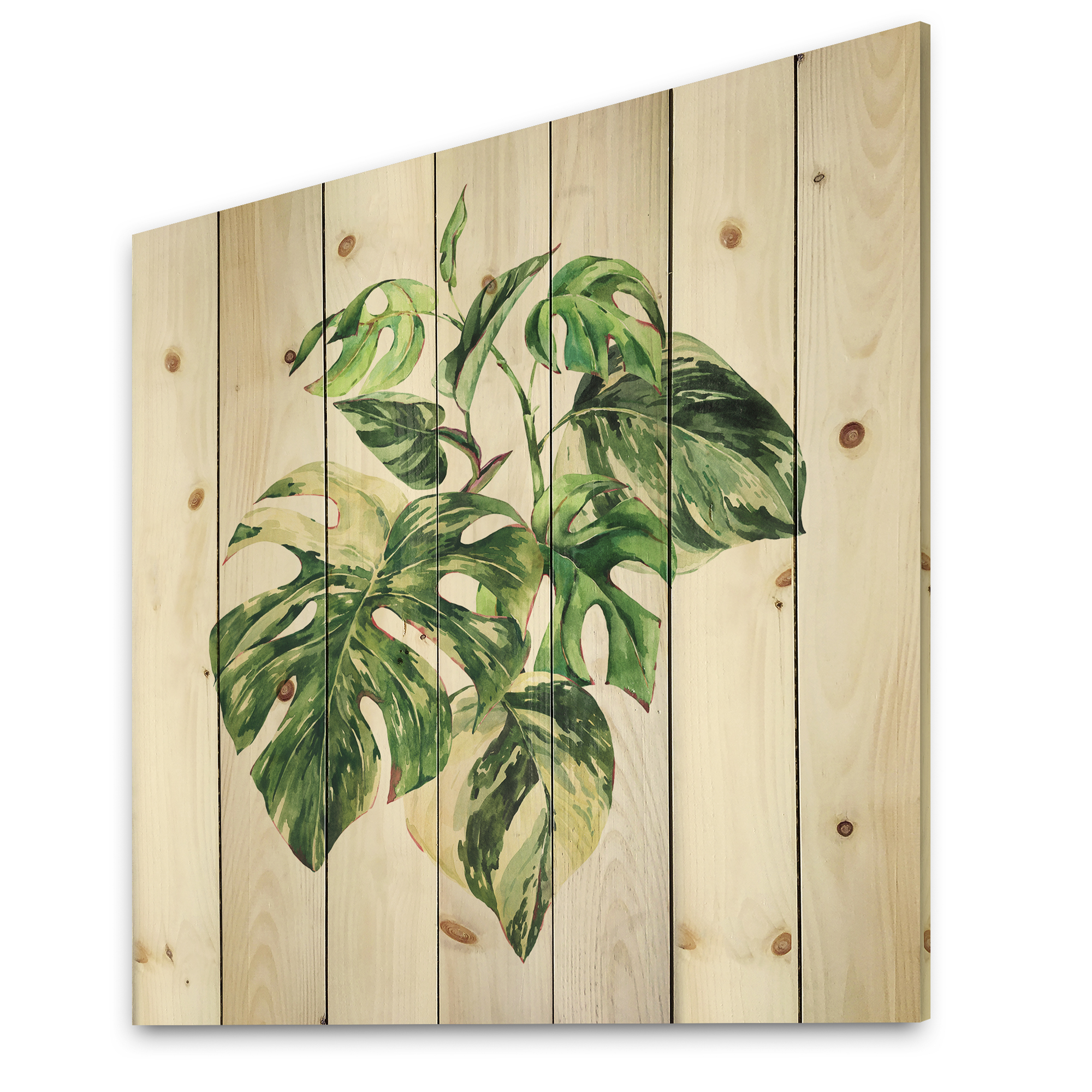 Designart 'Tropical Green Leaves On White In Summer Times I' Tropical Print on Natural Pine Wood
