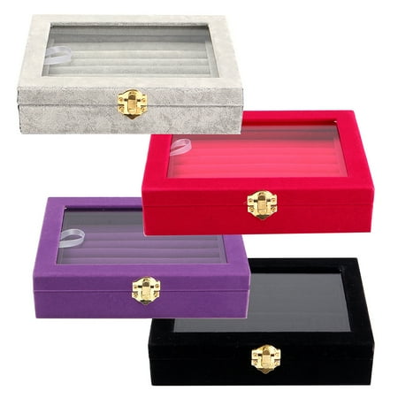 Sparkle Ring Box - 4 Colors Velvet Jewelry Box Show Case Tray Rings Earings Bracelet Portable Necklace Glass Display Storage Gift Holder Wood Organizer Travel Cosmetic For Girls &Women