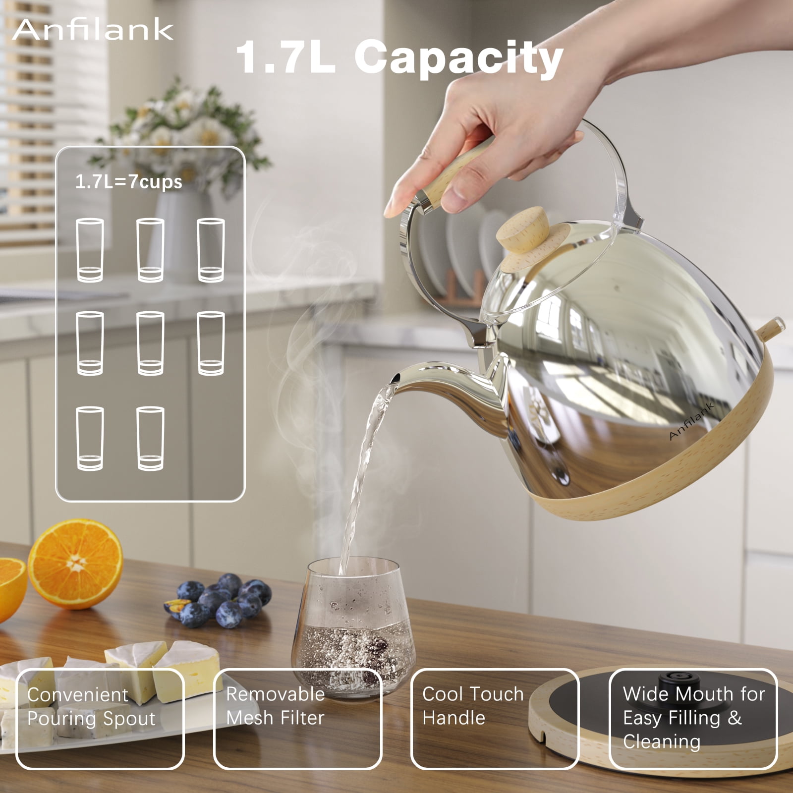 Anfilank Boil Water Electric Kettle, 1.7L 1500W, Coffee & Tea Kettle Stainless Steel, Wood Grain Design, Silver