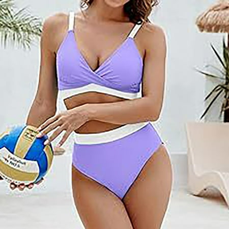 WMTBSRSW Women s Two Piece Bikini Athletic Swimsuit Color Block High Waisted Bathing Suits Cheeky Summer Beach Swimwear