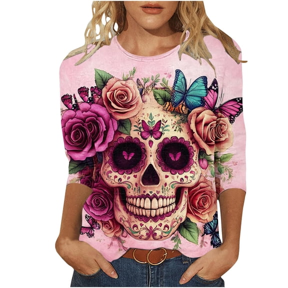 Hueook Plaid Shirts for Women Shirts Ladies' Day Of The Dead Printed Round Neck Three Quarter Sleeve 3/4 Sleeve T-shirt Loose Top Long Sleeved Round Neck Top/shirt Multicolor 4X