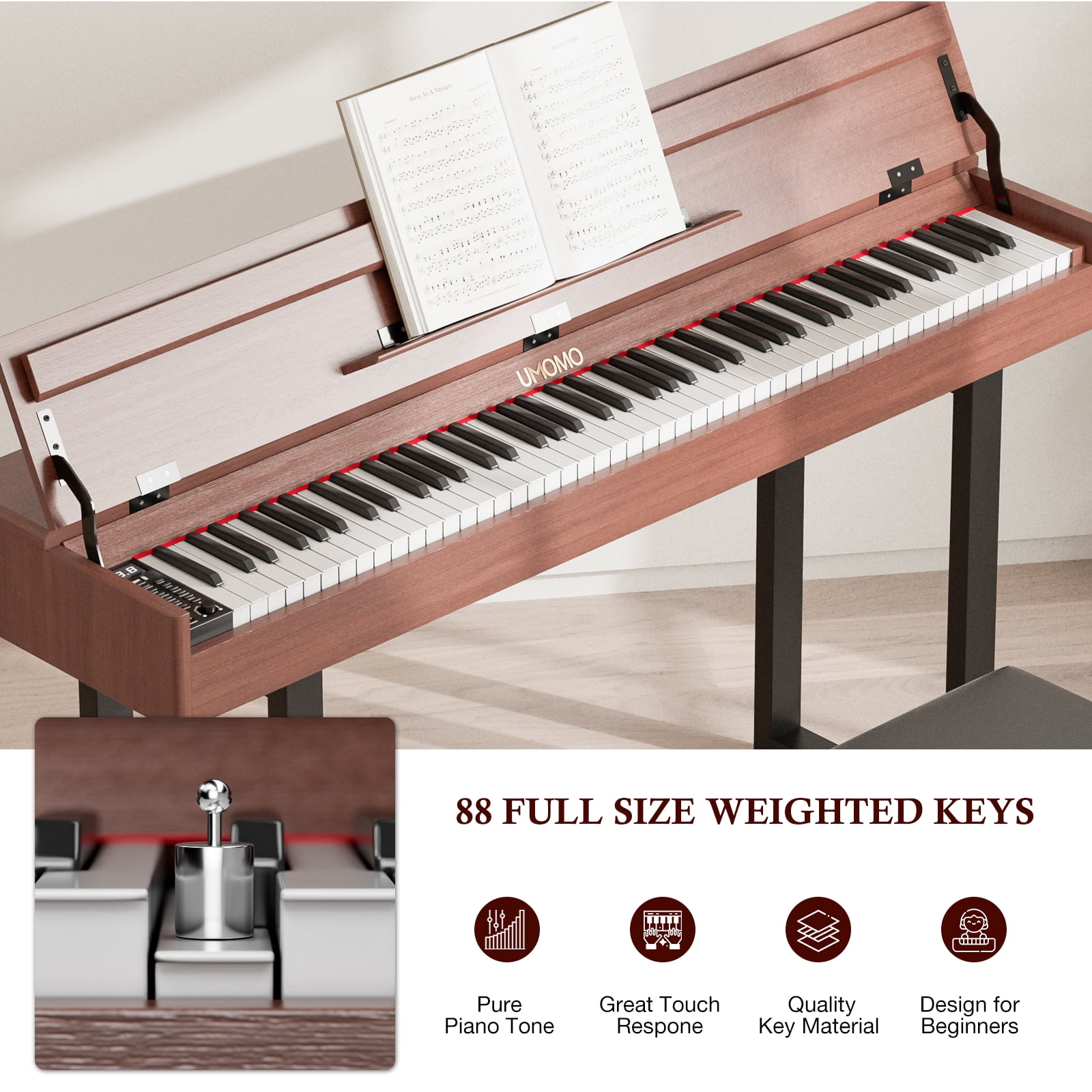 UMOMO 88 Weighted Key Digital Piano with Metal Stand, Beginner Keyboard Piano with Piano Bench, Full Size Heavy Hammer Weighted Action Electric Piano Keyboard with USB MIDI, Walnut