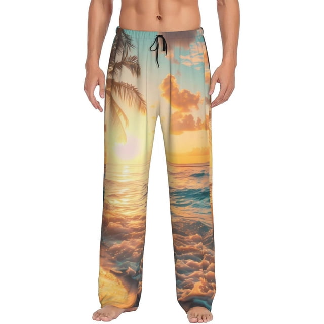 Fotbe Tropical Sunset Beach Scene Pantalones de Pijama para Hombre, Pantalones de Dormir, Pantalones de Casa con Cintura Ajustable y Bolsillos-X-Large
