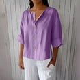 thumbnail image 3 of Mittory Women's Linen Shirt Button Down V Neck Solid Blouse 3/4 Sleeves Loose Fit Tunic Linen Tops Casual Summer, 3 of 8