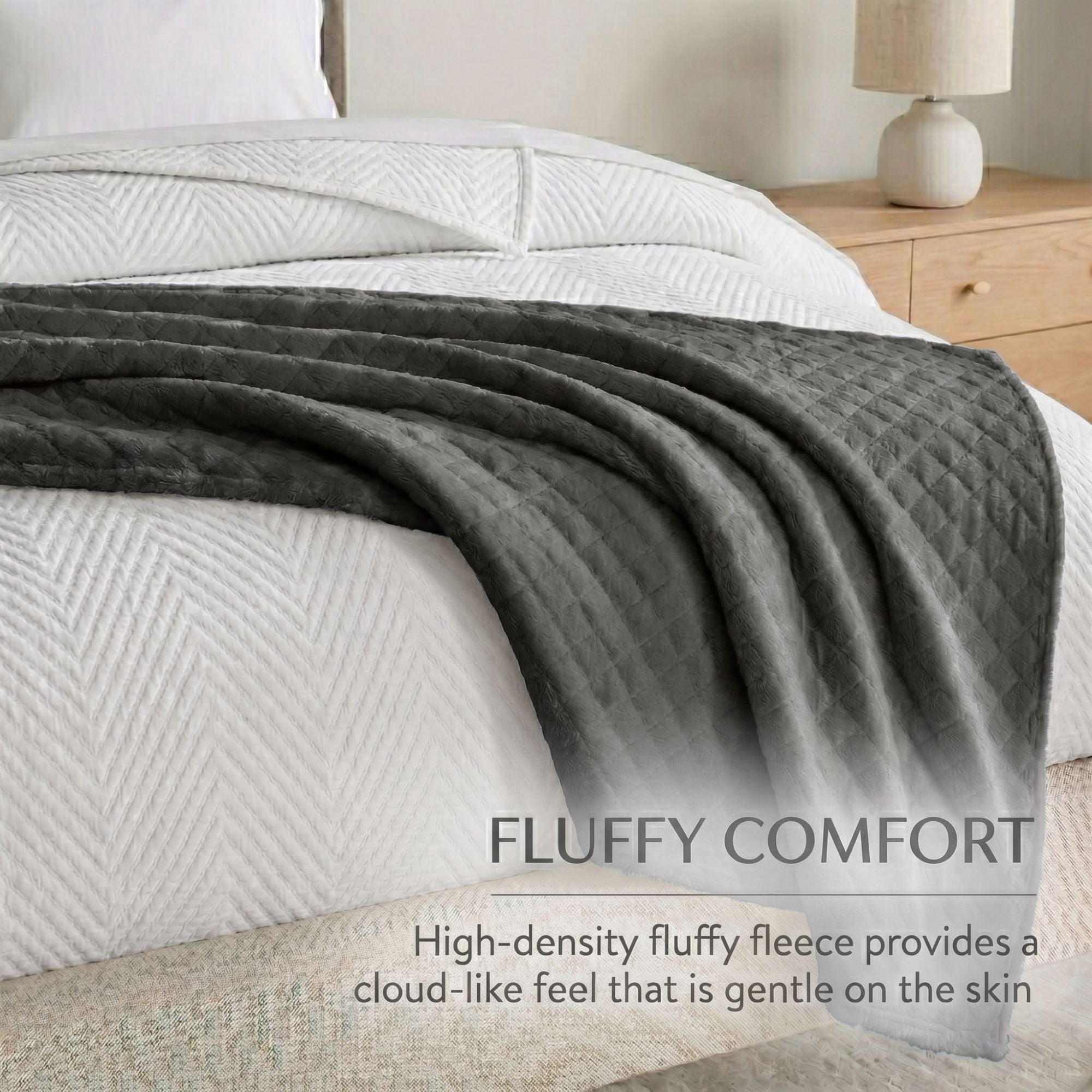 Superior Holly Grid Fluffy Fleece Blanket, Full Queen Size, Charcoal
