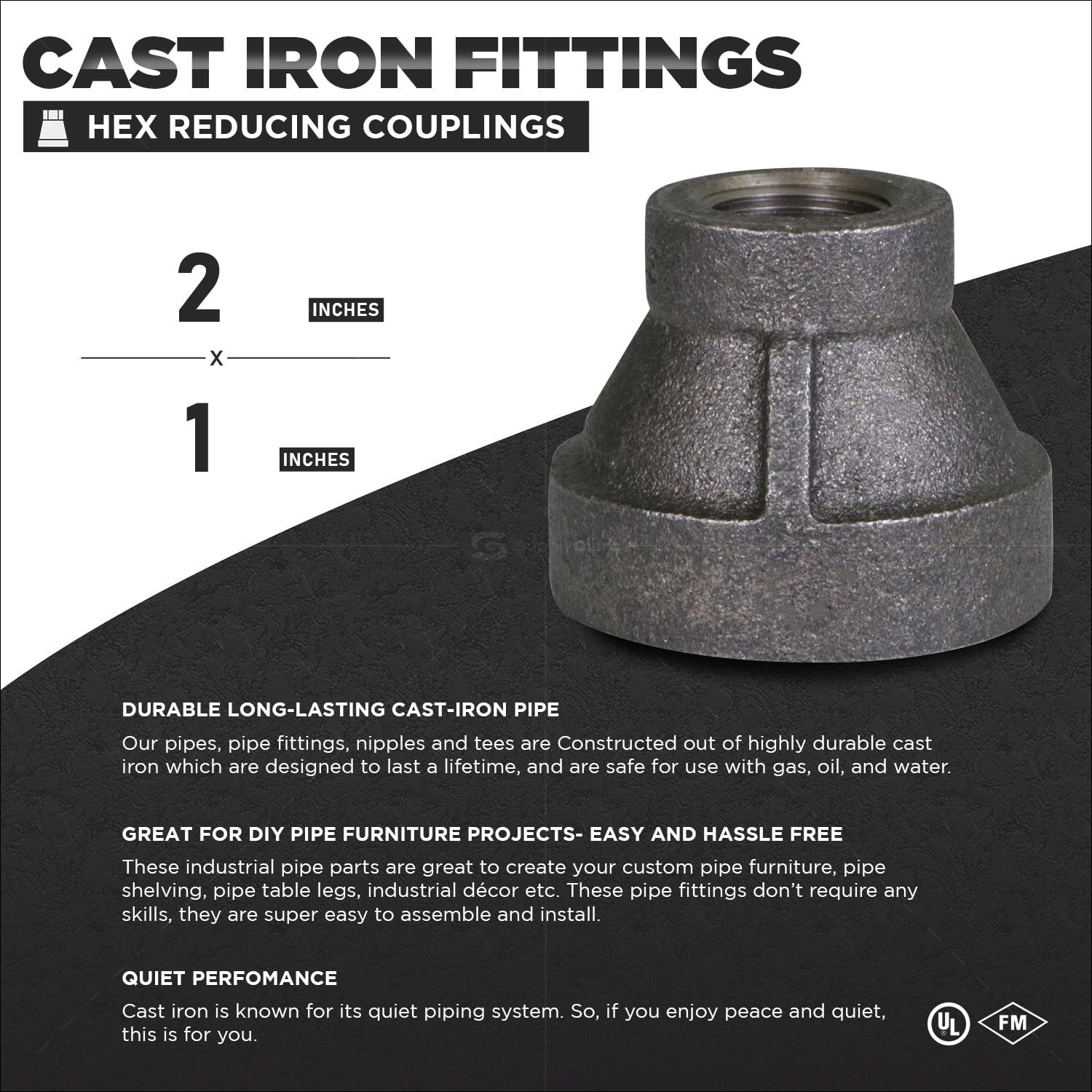 Supply Giant 2" x 1" Black Pipe Fitting Hex Reducing Coupling Cast Iron