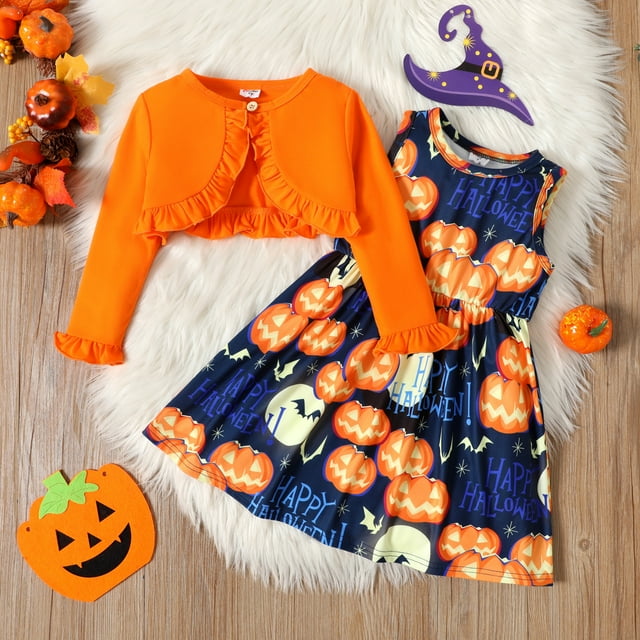 PatPat 2pcs Toddler Girl Halloween Letter Pumpkin Print Sleeveless Dress and Ruffled Cardigan Set