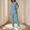 thumbnail image 2 of Ecqkame Womens Two Piece Sets V-Neck Top and Tapered Leg Jogger Pants with Button Medical Nursing Uniforms Set Light Blue L, 2 of 6