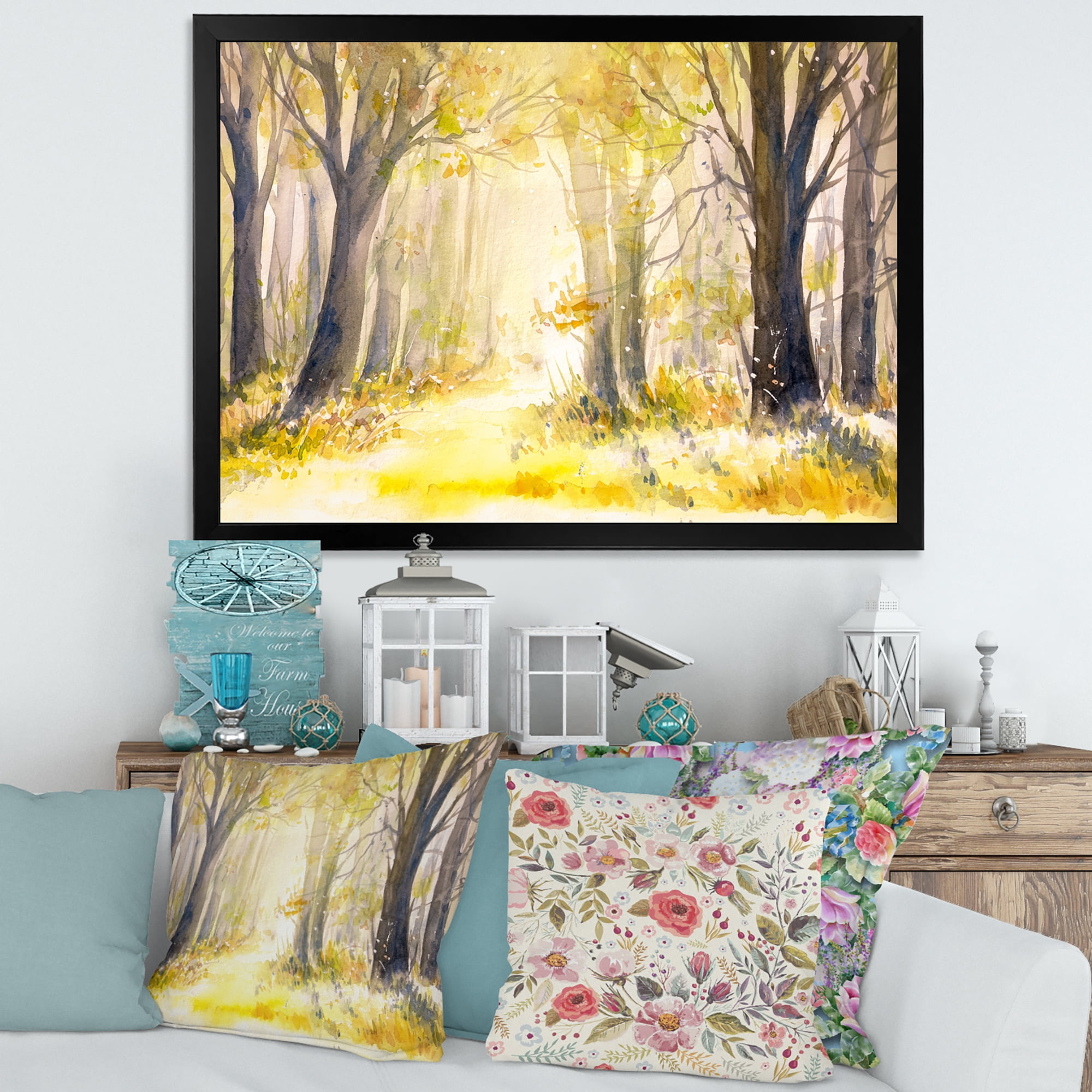 Designart 'Bright Sunshine Through The Yellow Forest Trees I' Traditional Framed Art Print