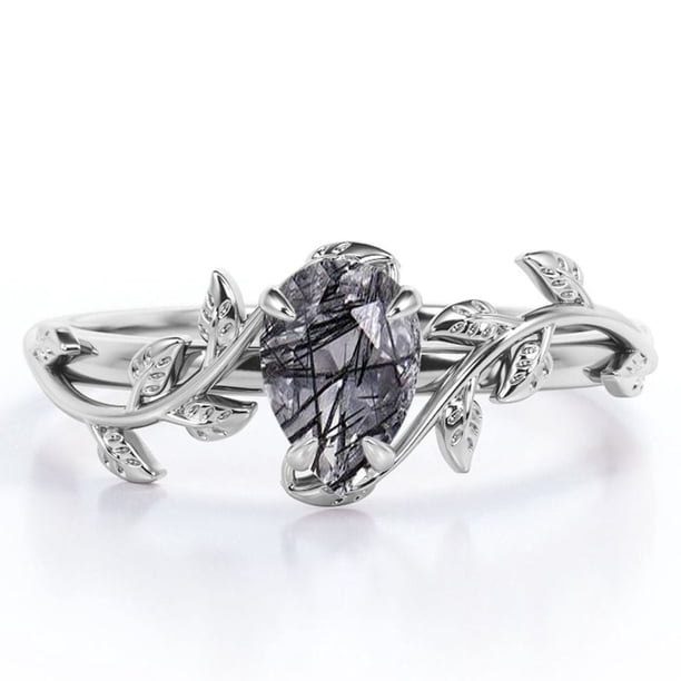 JeenMata Anillo de Compromiso de 4 Puntas con Diseño Botánico Cuarzo Rutilado con Agujas Negras Talladas en Forma de Pera de 1 Quilate; Baño de Oro Blanco de 18 K sobre Plata