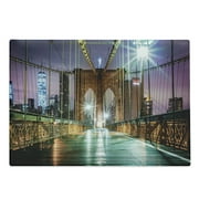 Landscape Cutting Board, Brooklyn Bridge Pedestrian Walkway Before Sunrise American Landmark Picture, Decorative Tempered Glass Cutting and Serving Board, Large Size, Purple Brown, by Ambesonne