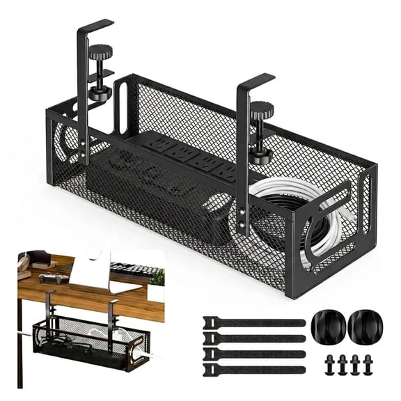 Desk Cable Organizer Under Desk Metal Tray Clamp on No Drill Cord Management Power Strip Holder Black