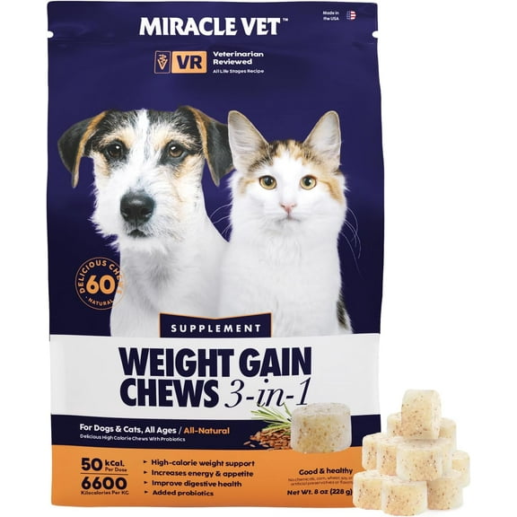 MIRACLE VET Weight Gain & Recovery Chews 3-in-1 for Dogs & Cats - kcal - High Calorie Pet Treats for Body Mass & Health - 60 Chews