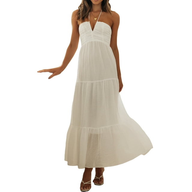 ZAXARRA Robe Longue Ligne A pour Femmes Couleur Unie Col Licou Sans Manches Dos Nu Robe d'Été Décontractée pour Fête à la Plage