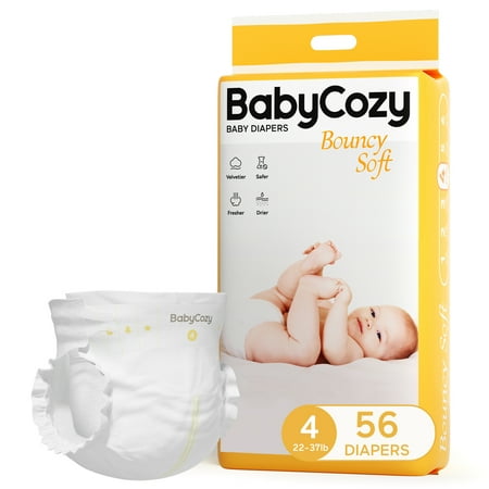 Hypoallergenic Baby Diapers Size 4(22~37lb),56 Count Babycozy Dry Disposable Diapers, 10s Strong Absorption Diapers with Leak Proof System,Bouncy Soft Diapers to Protect Sensitive Baby Skin