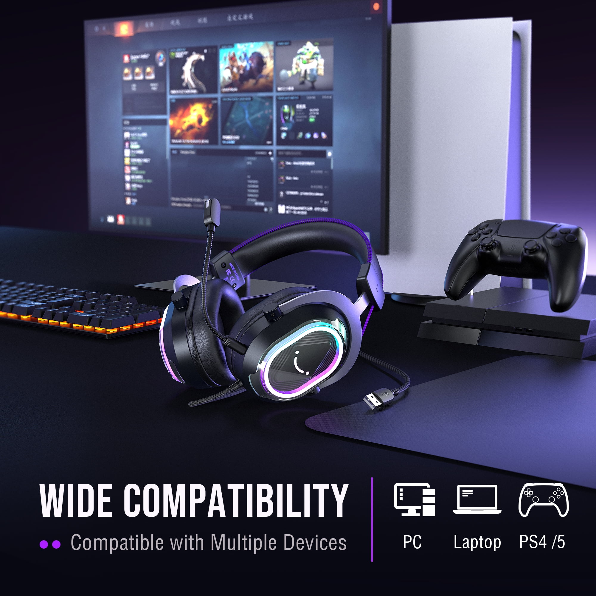 FIFINE Wired Gaming Headset with Noise Canceling Mic, USB Gamer Headphone for PC Computer, PS5/PS4 with RGB Control, 7.1 Sound, Chat/Game Balance H13