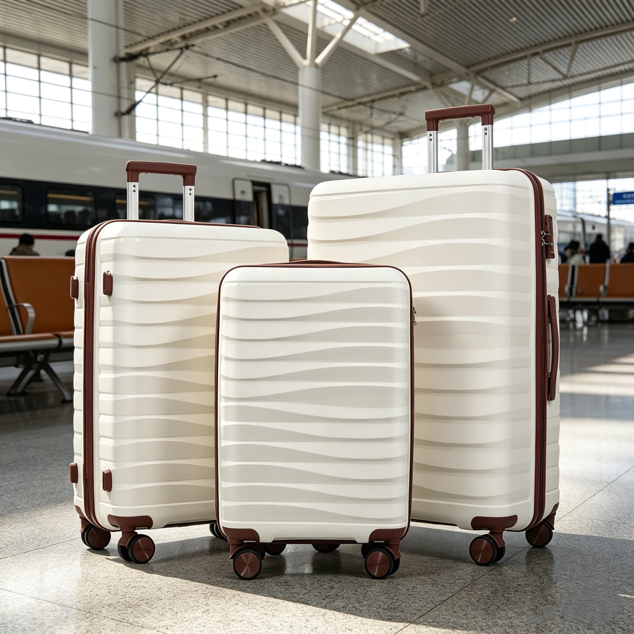 Travel Luggage Set, 3-Piece TSA Lock Suitcase Ensemble with 20, 24, and 28 Inch Sizes with 360° Spinner Wheels, Ivory and Brown