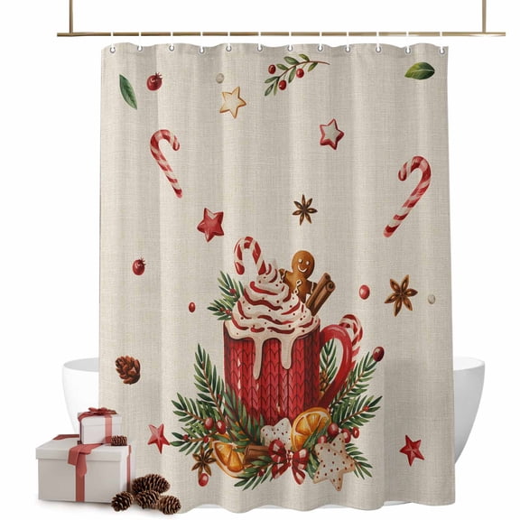 Christmas Shower Curtain Gingerbread Candy Cane Bathroom Curtains with Hooks, Waterproof Fabric Hot Cocoa Holly Berry Linen Bath Shower Curtains Set for Bathroom Bathtubs Xmas Decor 72x72 Inch