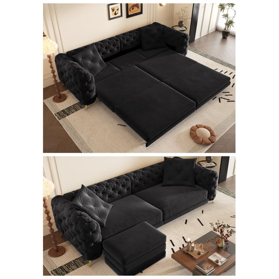 3-in-1 Convertible Sleeper Sofa Bed, 97.7'' 4-Seater Velvet Couch with Pull Out Bed & Movable Ottoman, Deep Seat Tufted Futon for Living Room, Apartment & Office