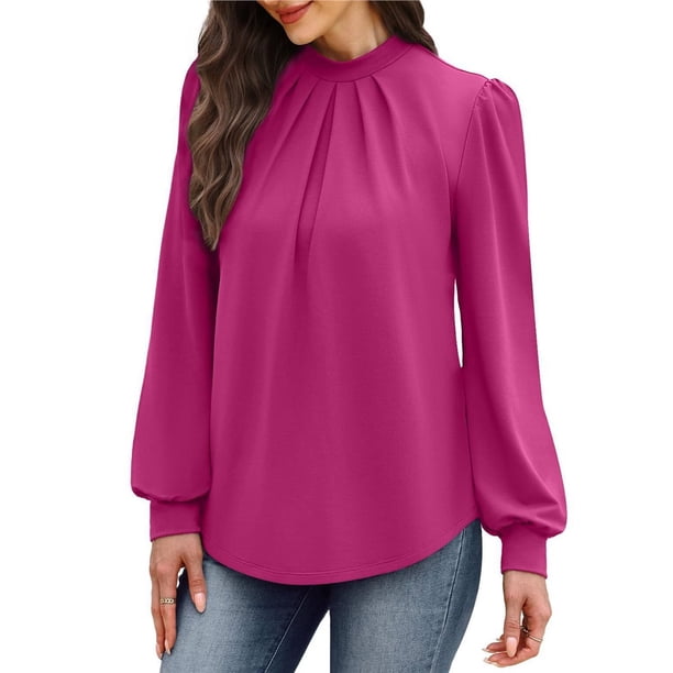 Camisas de Larga para Mujer, Blusas de Cuello Alto con Pliegues Delanteros, Ropa Informal Elegante para Otoño. Rosa Roja S
