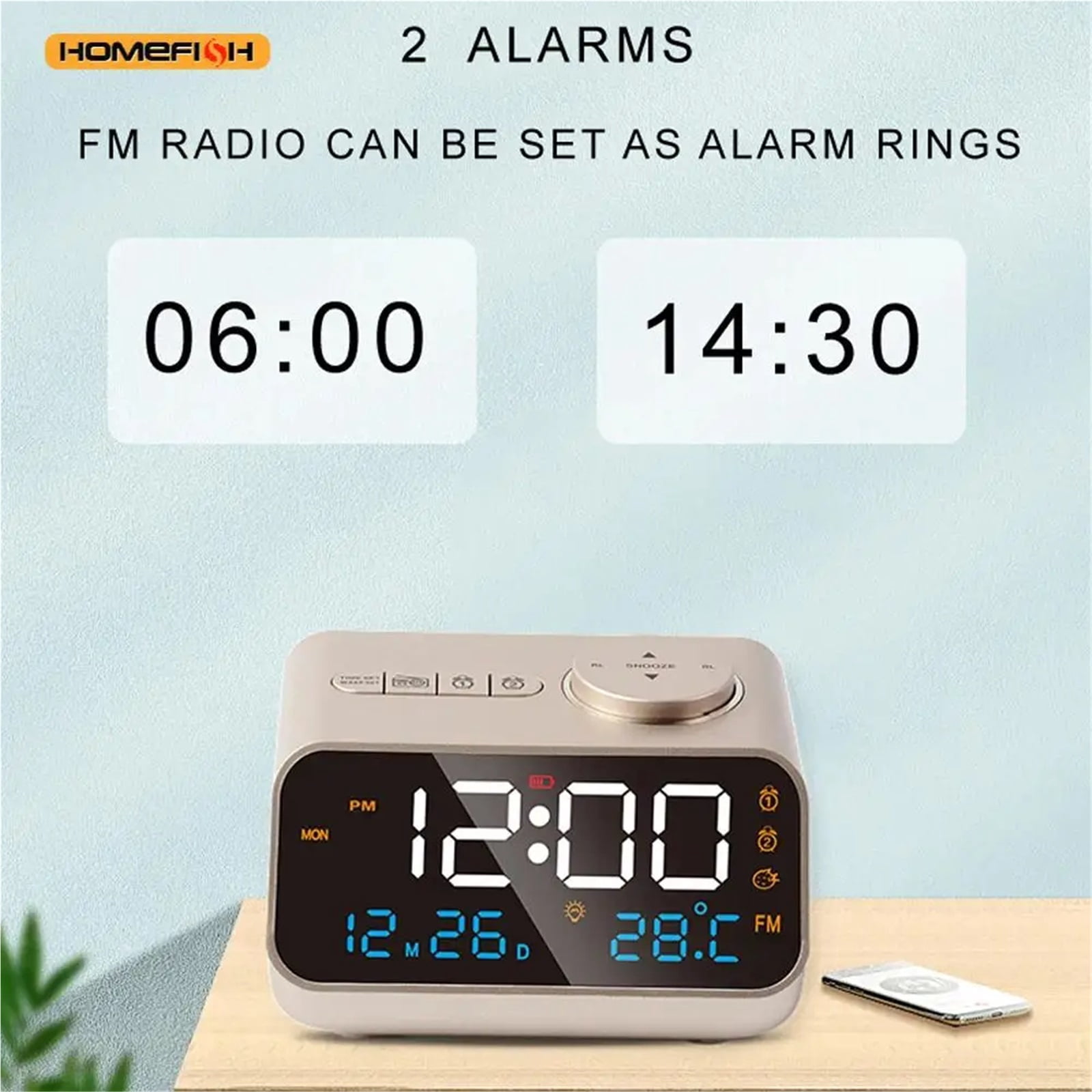 Mordern FM Radio LED Alarm Clock for Bedside Wake Up. Digital Table Calendar with Temperature Thermometer Humidity Hygrometer.