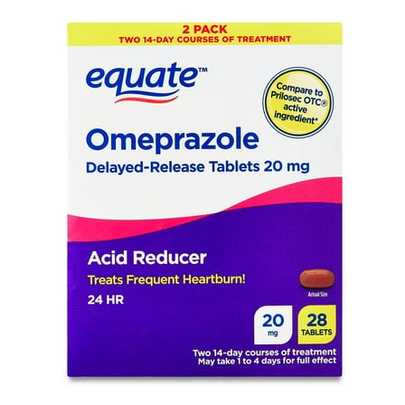 Equate Omeprazole Delayed-Release Acid Reducer Tablets, 20 mg, 28 Count, , Compare to Prilosec OTC active ingredient