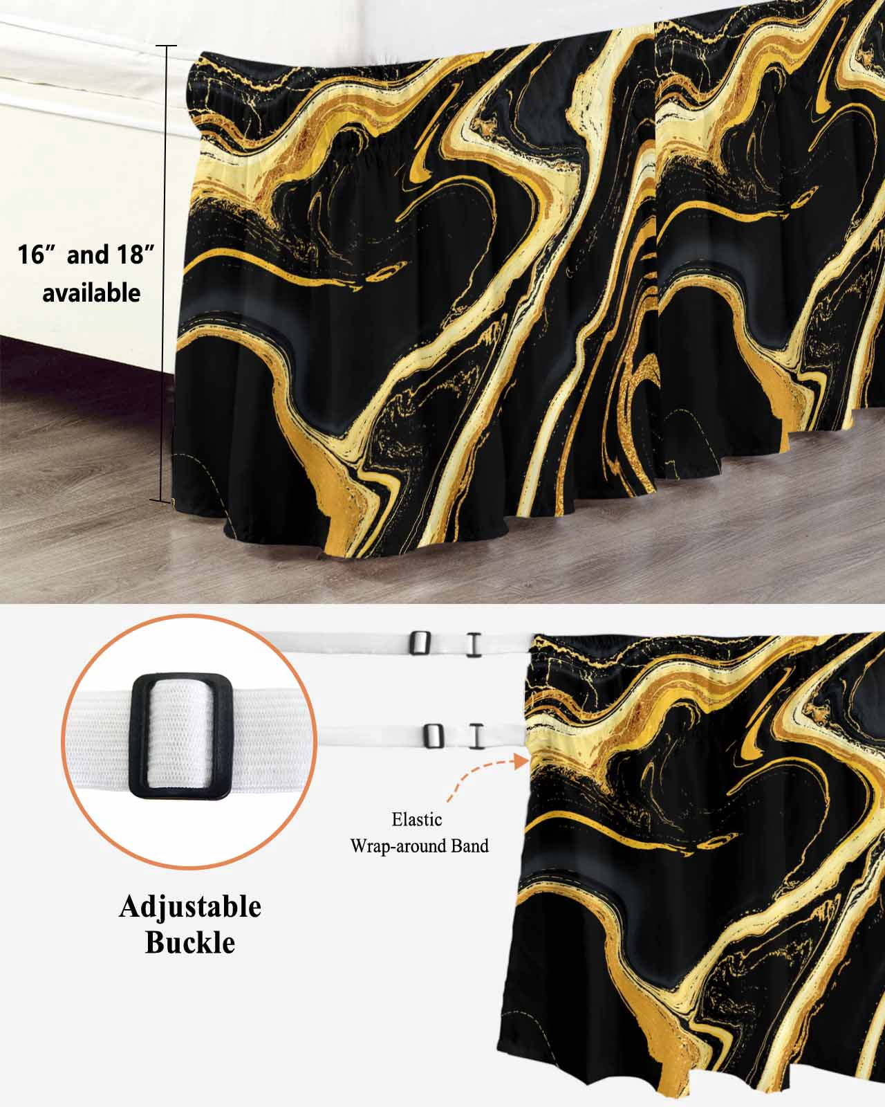 Black Gold Bed Skirt Marble Luxury Abstract Glitter Fluid Pattern Bed Skirts Queen Size 18 Inch Drop, Wrap Around Dust Ruffle&nbsp;Bedskirt with Adjustable Elastic Belt for Queen Size Beds