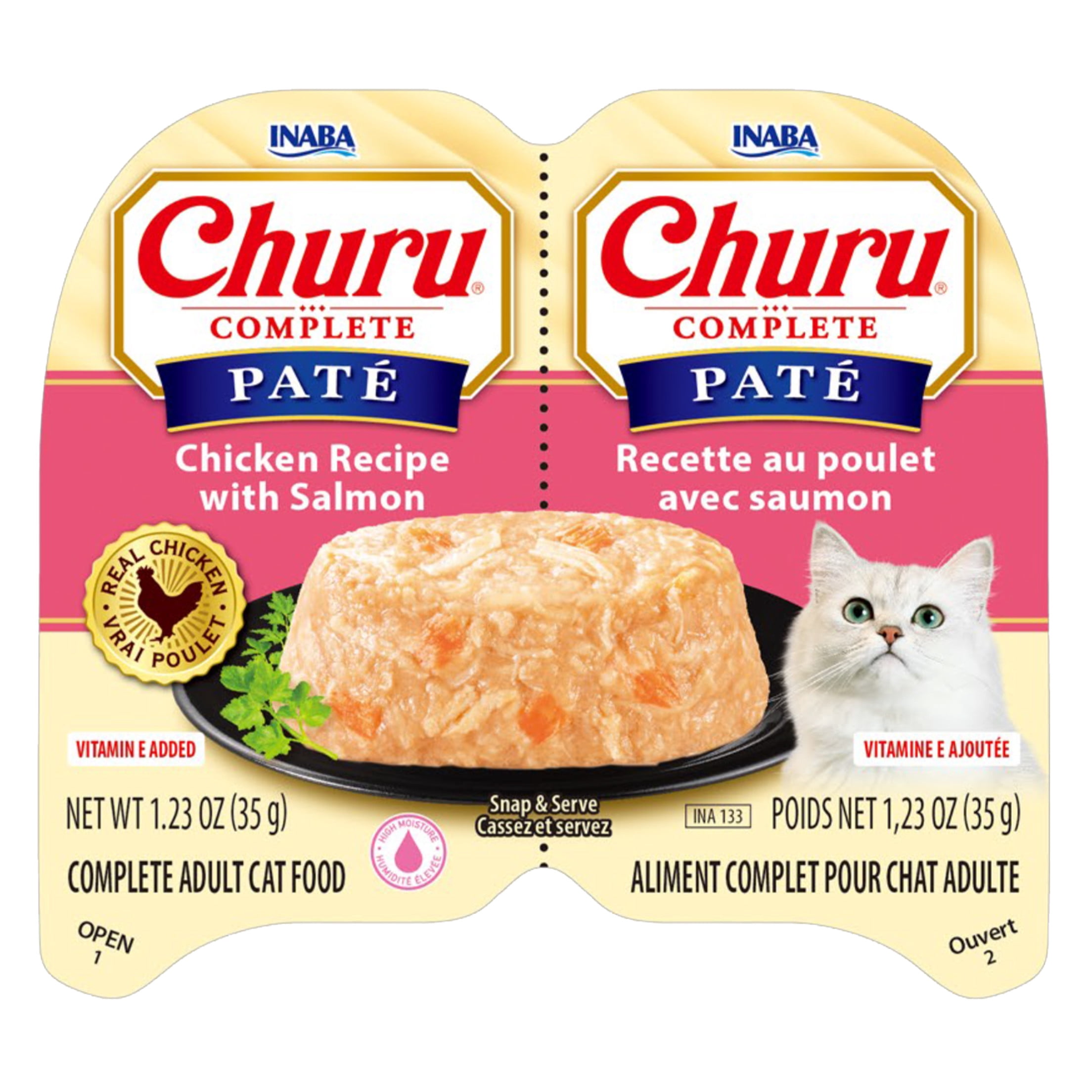 (16 pack) INABA Churu Complete Pate Wet Cat Food with Fish Oil, 1.23oz. per Serving, 2 Servings, Chicken Recipe with Salmon