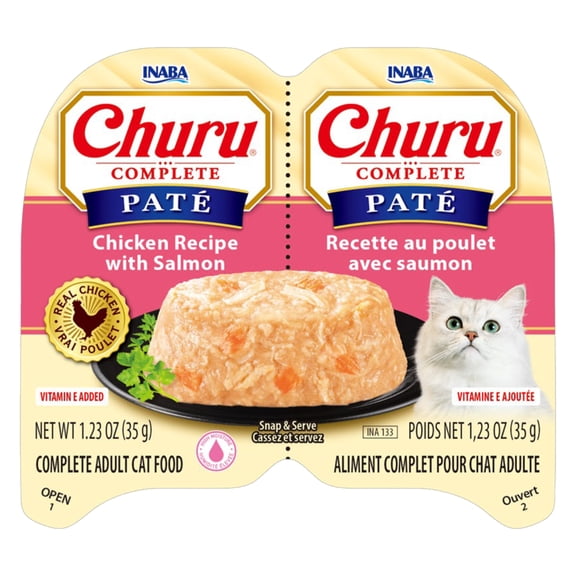 INABA Churu Complete Pate Wet Cat Food with Fish Oil, 1.23oz. per Serving, 2 Servings, Chicken Recipe with Salmon