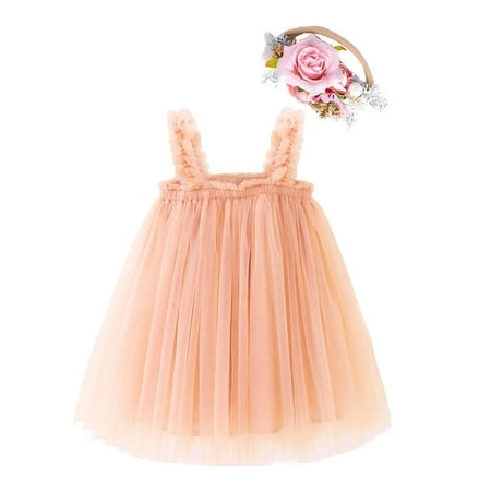 

Bow Dream Baby Girls Toddler Tutu Dress Infant Tulle Dress Party Princess Dress with Flower Headband Light Peach 3-6 Months