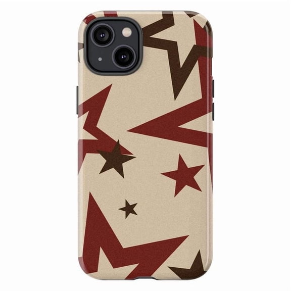 Bold Red Star Pattern Phone Case, Modern Geometric Beige & Brown Aesthetic Protective Cover for iPhone 16 15 14 13 12 11 Pro Max Plus Mini