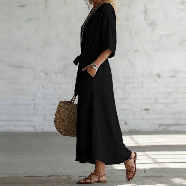 Miluxas Womens Summer Maxi Dresses V Neck 3/4 Sleeve Tie Waist Boho Dress Casual Flowy A Line Long Wedding Guest Dress with Pockets Black