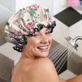 thumbnail image 5 of Shower Caps,Pioneer Flower Floral Print Pattern Waterproof Shower Cap for Women 4 Pieces,Double Reusable Hair Cover for Shower PEVA Elastic Stretch Hem, 5 of 7