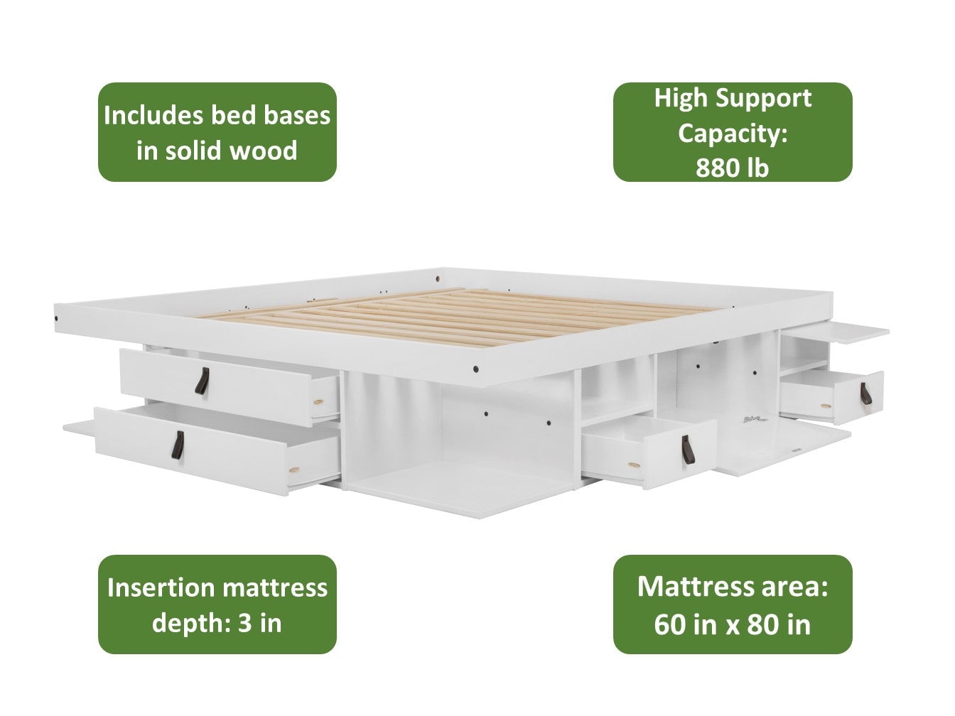 Memomad Bali Queen Size Storage Platform Bed with Drawers, White