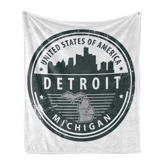 Detroit Soft Flannel Fleece Throw Blanket, Damaged Old Stamp of Michigan USA with City Map Location Tourism Travel, Cozy Plush for Indoor and Outdoor Use, 70" x 90", Black White Grey, by Ambesonne