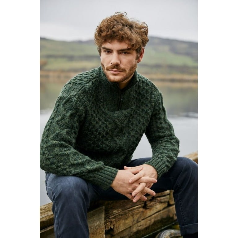 SAOL Aran Irish Fisherman Sweater Men's 100% Merino Wool Zip Neck Cable  Knit Cardigan Made in Ireland 