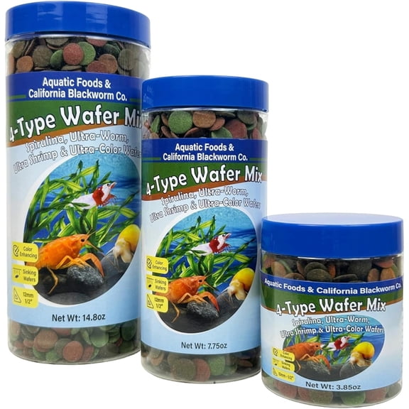 12mm - 1/2" Sinking Wafer Mix of Spirulina-Algae, Shrimp, Worm, Color Enhancing for Snails, Shrimp, All Fish, 12-Type Pellets Included 3.85oz Canister