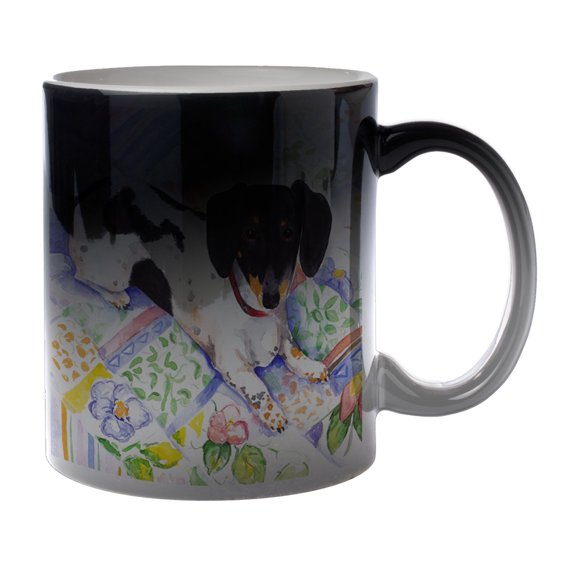 KuzmarK Black Heat Morph Color Changing Coffee Cup Mug 11 Ounce - Tricolor Miniature Dachshund Art by Denise Every