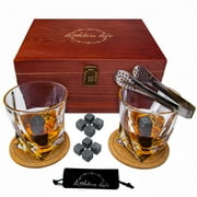 Lighten Life Whiskey Stones Gift Set for Men, Father's Day Gift, 2 Glasses 8 Granite Chilling Rocks, Coasters in Wooden Box, for Dad