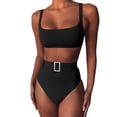 thumbnail image 2 of Fairnull 2 Pcs/Set Women Bikini Set High Waist Push Up Low-cut Sleeveless Solid Color Swimming Rhinestone Buckle Slim Fit Women Bathing Suit Water Activity Clothes, 2 of 8