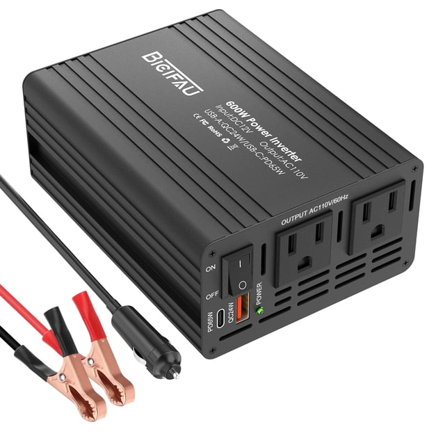 Inversor de corriente BieiFAU de 600 W 12 V a 110 V con carga rápida USB-C de 65 W