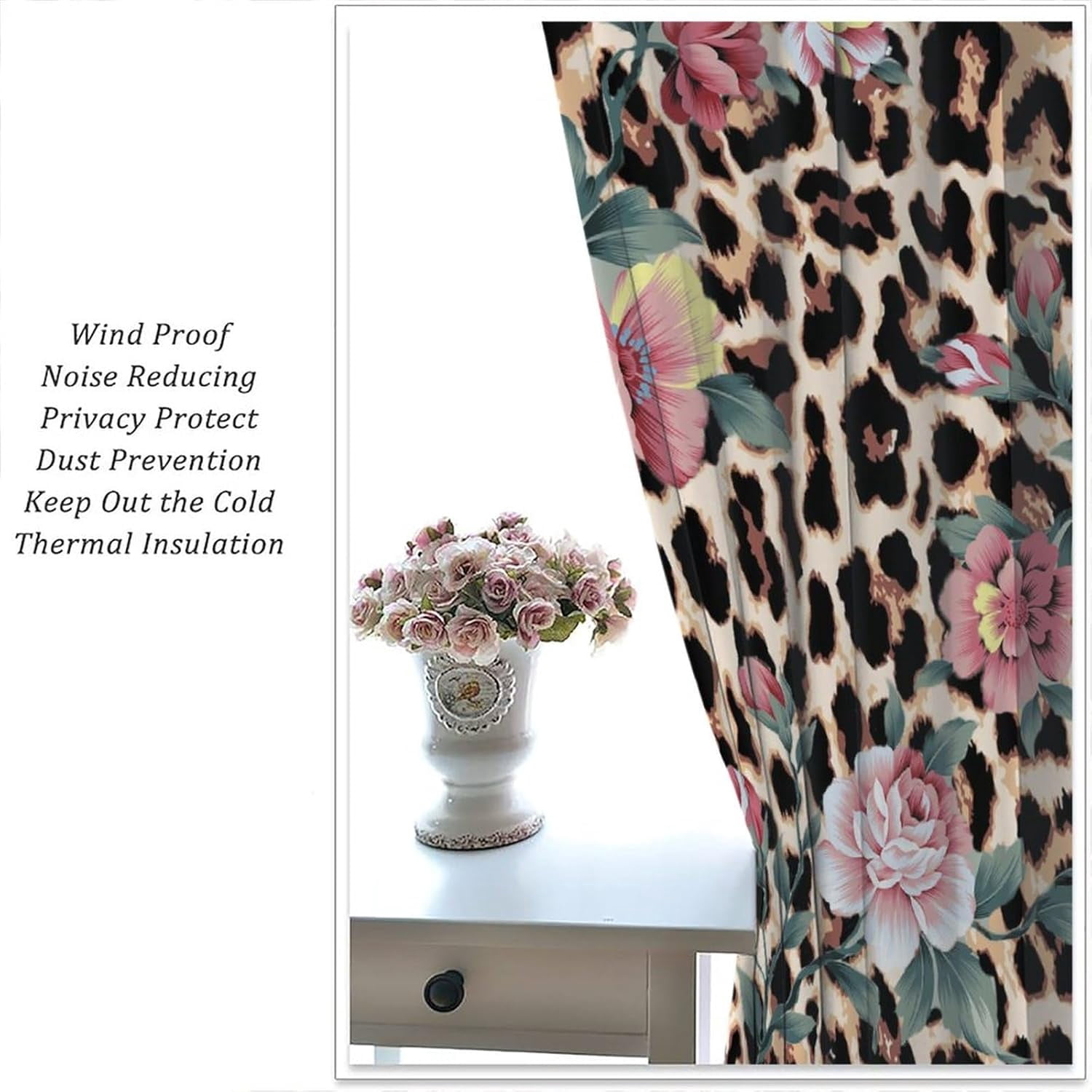 Leopard Print Curtains Pink Flowers Green Leaves Leopard Blackout Print Rod Pocket Window Drapes for Bedroom Living Room 42x54in
