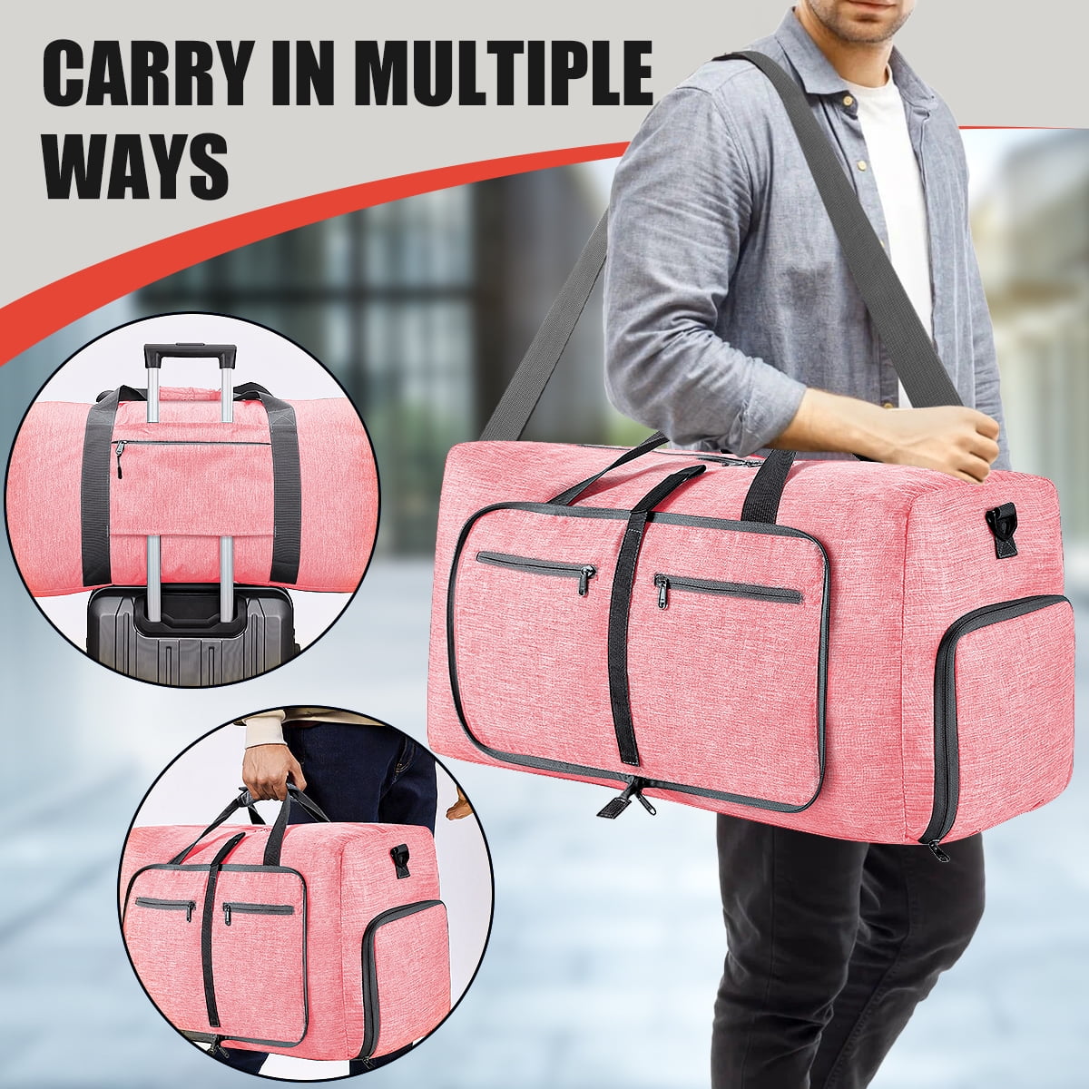 Travel Duffle Bag for Men Women, 40L Foldable Travel Duffel Bag with Shoes Compartment, 20" Extra Large Overnight Bag, Waterproof & Tear Resistant Weekender Bags (Pink)